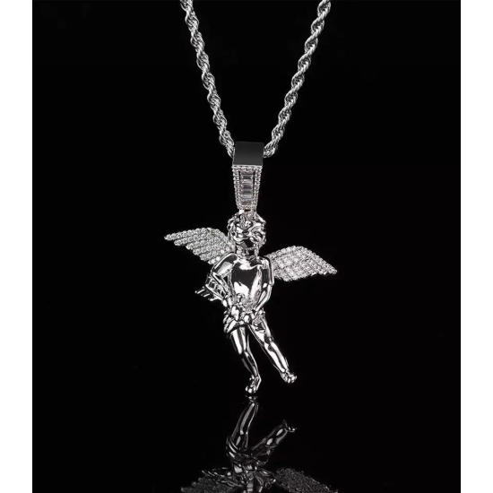 Bling Iced Out Cupid Cubic  Mens Gold Plated Angel Pendant