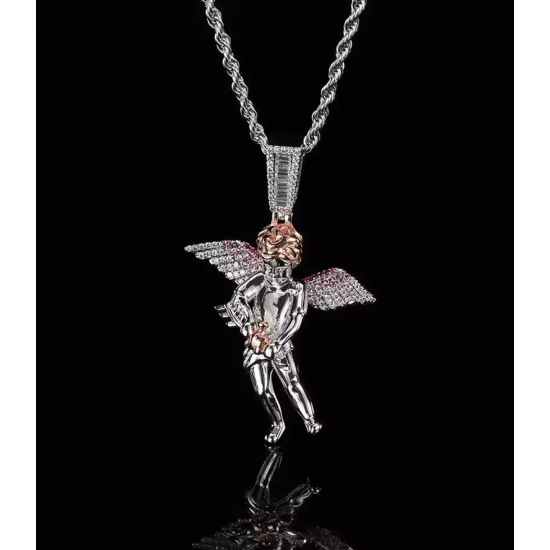 Bling Iced Out Cupid Cubic  Mens Gold Plated Angel Pendant