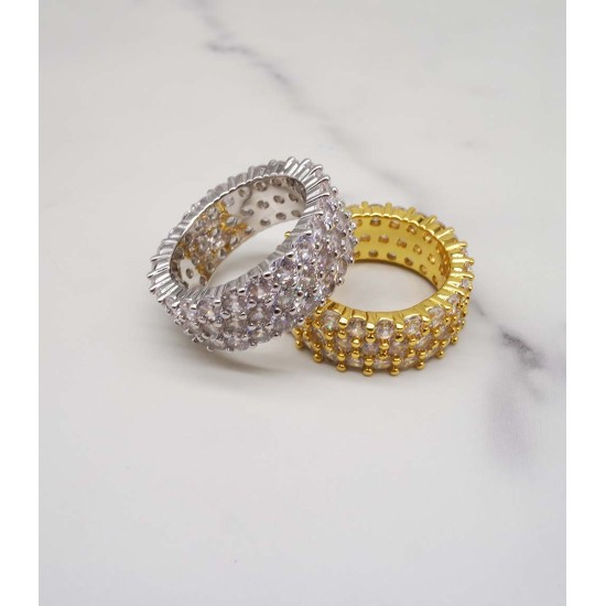 luxury triplex row full studded cz diamond gold plated ring